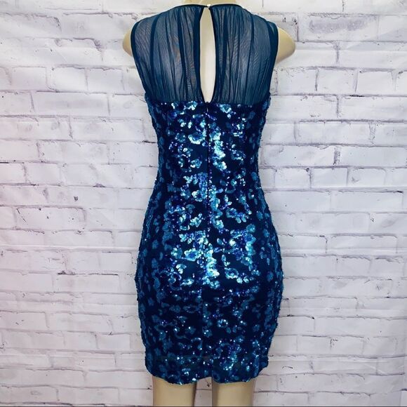 BELLE BADGLEY MISCHKA PARIS DRESS SEQUIN BLUE MULTI FLORAL BL2282 size 0 - Picture 11 of 16